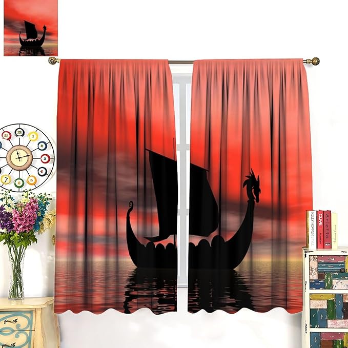 Viking Ship Curtains, Fantasy Ocean Vintage Sailboat at Sundown Nautical Themed Print Blackout Window Treatments for Boys Bedroom Living Room 55x63in
