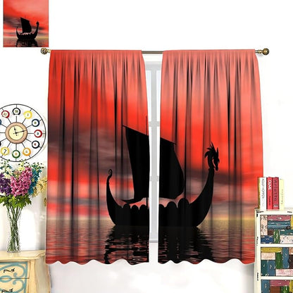 Viking Ship Curtains, Fantasy Ocean Vintage Sailboat at Sundown Nautical Themed Print Blackout Window Treatments for Boys Bedroom Living Room 55x63in