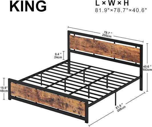 LIKIMIO King Bed Frame with Headboard and Footboard, Metal Strong Supports, Easy Assembly, Noise-Free, No Box Spring Needed, Vintage Brown