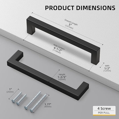 goldenwarm 2 Pack 4-1/2 Inch Black Cabinet Handles Matte Black Drawer Pulls Stainless Steel Cabinets Hardware Square Bar Modern for Kitchen Bathroom Cupboard