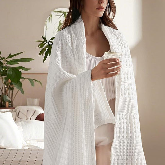 PHF 100% Cotton Waffle Weave Throw Blanket, Soft Lightweight Breathable Cozy Throws for Couch Bed Sofa, Luxury Aesthetic Woven Blanket for Home Decor & Office, 50"x60", White