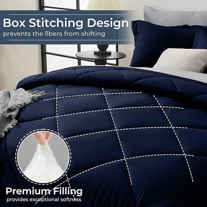 HEVUMYI Full Comforter Set - 7-Piece All Season Bed in a Bag Full, Ultra Soft Bedding Set with Comforter, Flat Sheet, Fitted Sheet, Pillowcases, Pillow Shams, Navy Blue & Light Grey
