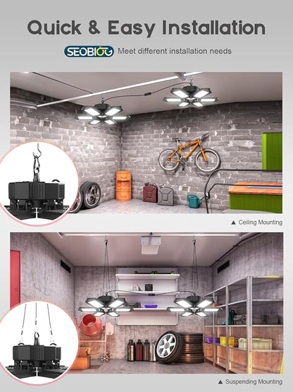 SEOBIOG LED Garage Lights - 6 Pack, 200W 20000LM Plug-in Shop Light with 6+1 Deformable Panels for Garage, Warehouse, Barn, Basement (Built-in ON/Off Switch)
