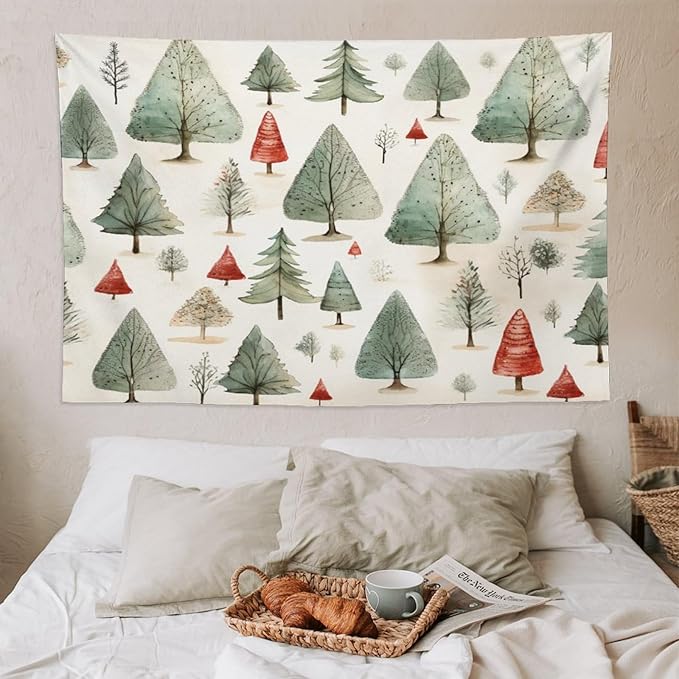 MaSiledy Tapestry Vintage Christmas Tree Watercolor Aesthetic Bedroom Tapestries Merry Christmas Winter Xmas Tapestry As Wall Art Wall Art for Bedroom Wall Hanging for Room Landscape 60"x90"