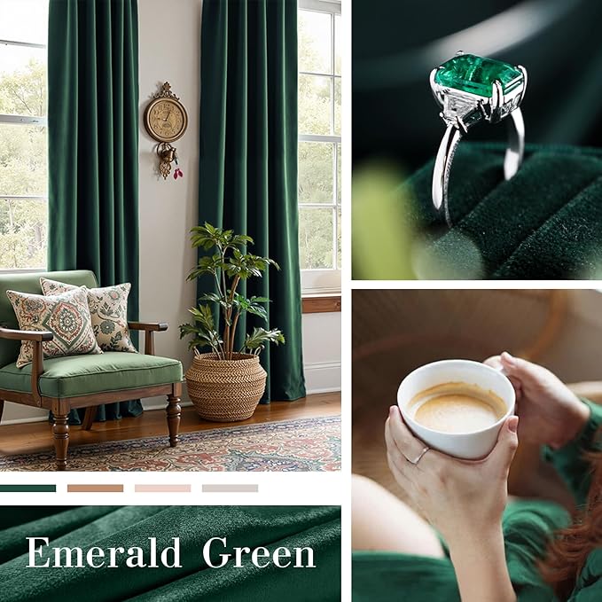 Lazzzy Velvet Blackout Curtains Thermal Insulated Room Window Drapes Super Soft Luxury Curtains for Living Room Bedroom Rod Pocket 2 Panels, Emerald Green, 62" W x 90" L