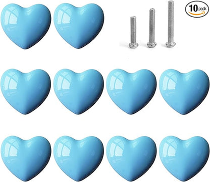 Ceramic Drawer Knobs Heart Shape Cabinet Dresser Pulls Handles with 3 Sized Screws, Kitchen Furniture Knobs for Closet Cupboard Wardrobe (10 Pack, Blue)
