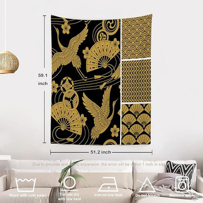Batmerry Black Oriental Tapestry,Gold Japanese Fan Wall Art Hanging Decoration Polyester Fiber White Ruffled Around for Dorm Room Bedroom Living Room, 59.1x51.2 inches