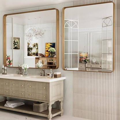 LOAAO 48X40 Inch Bathroom Mirror with Wood Grain Colored Metal Frame, Rounded Rectangle Metal Framed Bathroom Mirror, Anti-Rust, Hangs Horizontally or Vertically, Tempered Glass