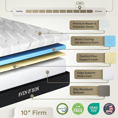 Sven and Son Essential Adjustable Bed Base (Frame) + 10 inch Memory Foam Matt (Firm), Easy Assembly, Head and Foot Lift, Memory Positions, Zero Gravity, Wireless Remote - Twin XL