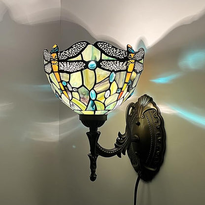 Tiffany Sconce Lamp Stained Glass Wall Lamp,8X10.5X11 Inch Plug in Wall Bedside Light for Hallway Bedroom (Brown Dragonfly)