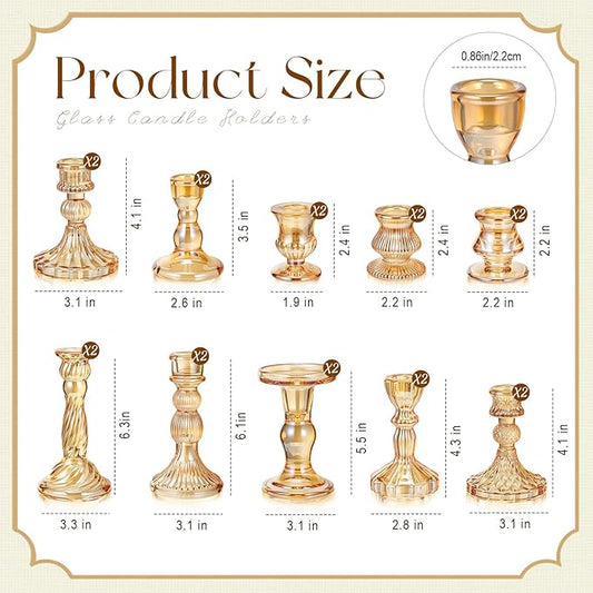 Mumufy 10 Pcs Glass Crystal Taper Candle Holders Clear Glass Candlestick Holder Fit 0.8 Inch Candles Crystal Decorative Candle Stand Centerpiece Table Wedding Dining Party (Classic,Gold)