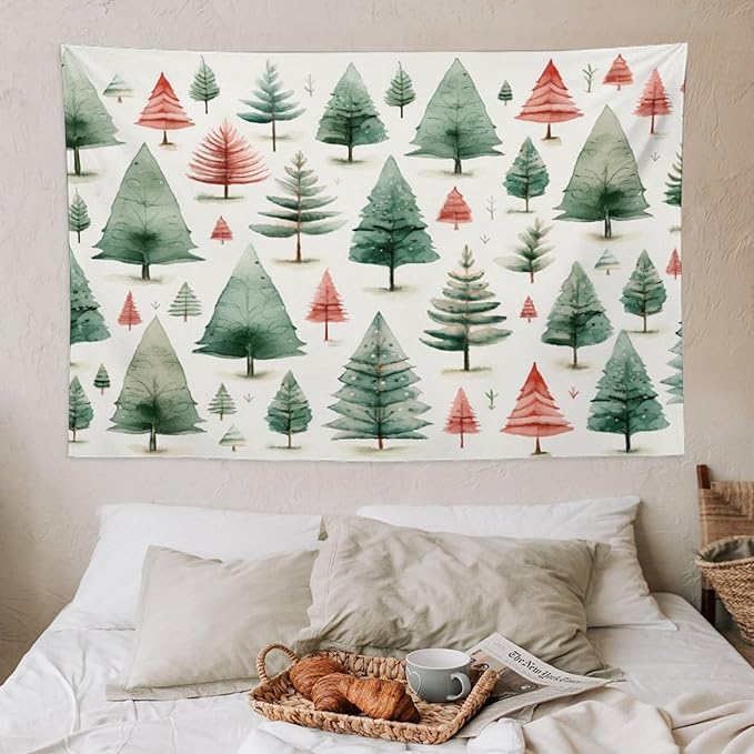 Vintage Christmas Tree Watercolor Wall Tapestry Winter Holiday Wall Hanging Wall Tapestry Aesthetic Landscape Tapestry Wall Decor for Bedroom Living Room Dorm 40"x60" Christmas Family Party
