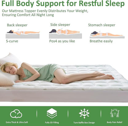 Bioeartha Cooling Mattress Topper Full – Extra Soft Pillow Top Mattress Pad, Breathable Viscose Made from Bamboo Mattress Protector for Back Pain Relief, Deep Pocket Cover Fits 8–21 Inch