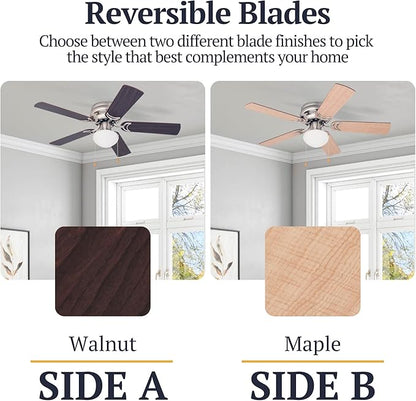 Prominence Home Alvina, 42 Inch Traditional Flush Mount Indoor LED Ceiling Fan with Light, Pull Chain, Dual Finish Blades, Reversible Motor - 80029-01 (Brushed Nickel)