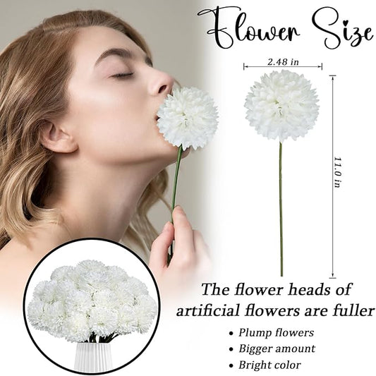 36 Pcs White Artificial Flowers Faux Ball Chrysanthemum Bouquet Silk Flowers Bridal Wedding Bouquet for Home Garden Party Office Coffee House Decoration (White)