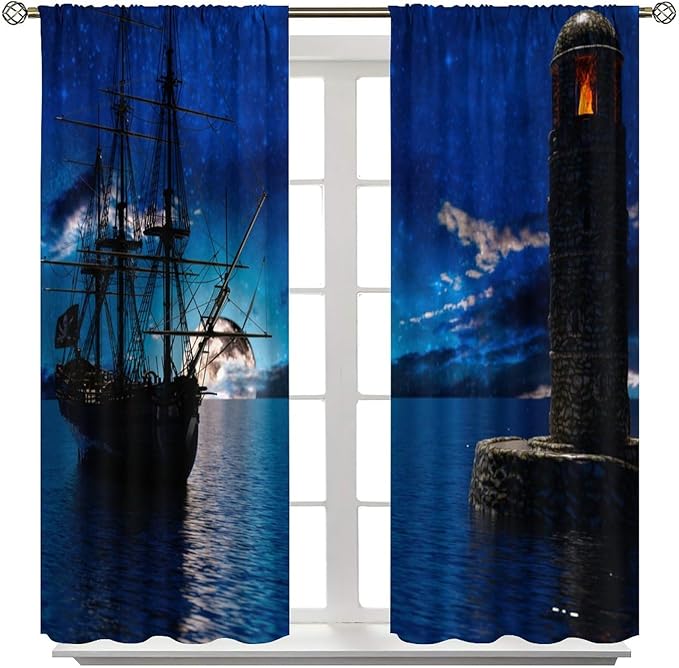 Pirate Ship Curtains, Nautical Sailboat Sailing Ocean Adventure Full Moon Cloudy Night Sky Old Lighthouse Print Blackout Window Treatments for Bedroom Living Room 55x63in