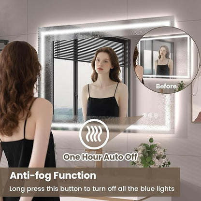 32"X32" LED Bathroom Mirror with Front Lights and Backlit, Anti-Fog, Dimmable, Shatter-Proof Tempered Glass, Lighted Bathroom Vanity Mirror for Wall with 3 Colors, Memory Function