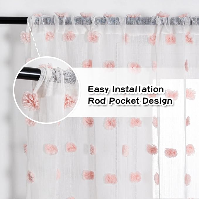 MYSKY HOME Pink Curtains 84 Inch Length for Bedroom Window Panels Pom Pom White Sheer Curtains 84 Inch Long for Living Room Nursery Girls Kids Room Rod Pocket Playroom Dining Room Set of 2 37 x 84 in