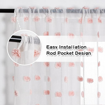 MYSKY HOME Small Window Curtains for Bathroom Kitchen 45 Inches Long Pink Pom Pom White Sheer Curtains Nursery Bedroom Girls Kids Room Rod Pocket 2 Panels Boho Cafe Window Drapes Blush 52" x 45"