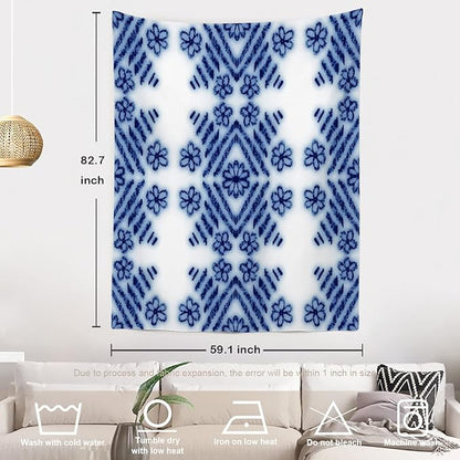 Batmerry Blue Art Flower Tapestry,Blue White Ceramic Glaze Tie Dye Wall Art Hanging Decoration Polyester Fiber White Ruffled Around for Dorm Room Bedroom Living Room, 82.7x59.1 inches