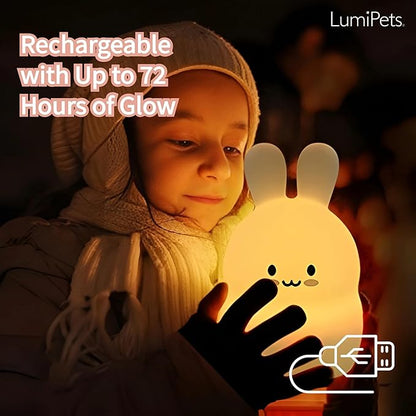 Lumipets Baxter The Bunny Squishy Night Light for Kids | Silicone Lamp with Tap & Remote Control | Rechargeable Color Changing Animal Night Light for Boys & Girls | Portable Nightlight with USB Cord
