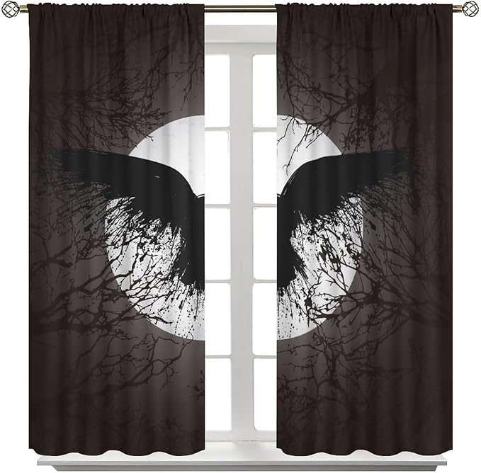 Cool Raven Print Curtains for Bedroom - Vintage Nordic Viking Theme Dead Tree Crow Full Moon Window Drapes,Energy Saving Thermal Insulated Rod Pocket Bedroom Blackout Curtains 2 Panels 54L x 21W
