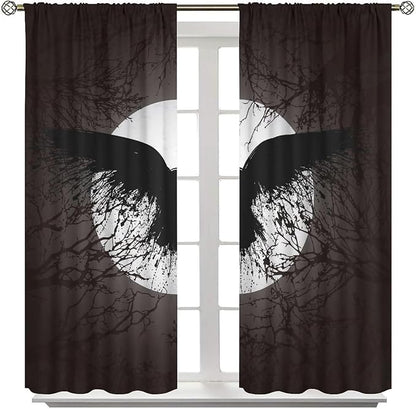 Cool Raven Print Blackout Curtains for Living Room,Vintage Nordic Viking Theme Dead Tree Crow Full Moon Rod Pocket Thermal Insulated Room Darkening Curtains 2 Panels 63L x 42W