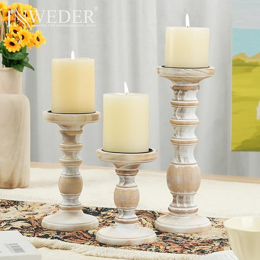 Wood Pillar Candle Holder: 3Pcs Rustic Candle Holders for Pillar Candles Wood Candle Holders Distressed Wooden Farmhouse Large Candle Holder Fireplace Table (Rustic White, 5.9", 7.87", 11")