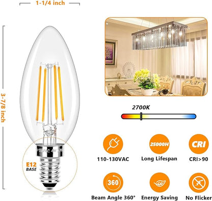 E12 LED Candelabra Bulbs 40 Watt Equivalent, 4W Vintage Candle Light Bulbs Dimmable, 470Lm Warm White 2700K B11 Edison Bulb, Filament Clear Glass Lamp Bulb for Chandelier Ceiling Fan(10 Packs)