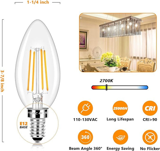 E12 LED Candelabra Bulbs 40 Watt Equivalent, 4W Vintage Candle Light Bulbs Dimmable, 470Lm Warm White 2700K B11 Edison Bulb, Filament Clear Glass Lamp Bulb for Chandelier Ceiling Fan(10 Packs)