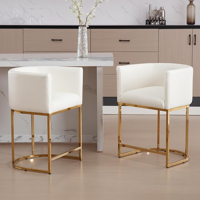 Modern Counter Height PU Leather Upholstered Bar Stools Set of 2, 24" Kitchen Counter Island Stools Bar Chairs with Gold Metal Frame, White