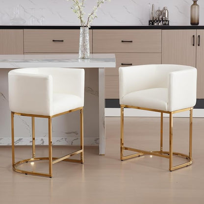 Modern Counter Height PU Leather Upholstered Bar Stools Set of 2, 24" Kitchen Counter Island Stools Bar Chairs with Gold Metal Frame, White