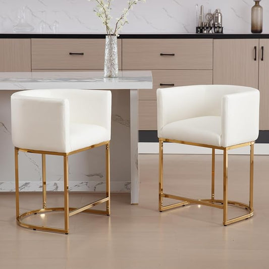 Modern Counter Height PU Leather Upholstered Bar Stools Set of 2, 24" Kitchen Counter Island Stools Bar Chairs with Gold Metal Frame, White