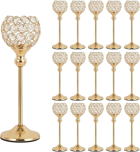 VINCIGANT Gold Crystal Candle Holders Set of 16 for Wedding Centerpieces,Votive Crystal Candle Holders for Home Fireplace Coffee Table Mantle Decor candelabros de mesa