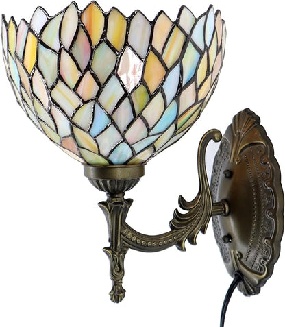 Tiffany Sconce Lamp Stained Glass Wall Lamp,8X10.5X11 Inch Plug in Wall Bedside Light for Hallway Bedroom (Seven Color Wisteria)