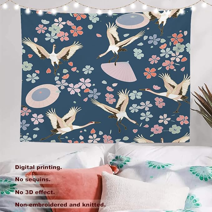 Batmerry Navy Blue Japanese Cherry Tapestry,Oriental Wall Art Hanging Decoration Polyester Fiber White Ruffled Around for Dorm Room Bedroom Living Room, 51.2x59.1 inches