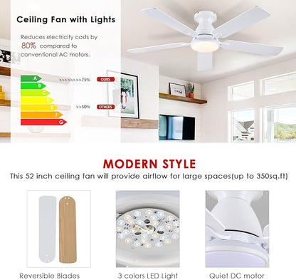 Ceiling Fans with Lights- 52" RGB Low Profile Indoor Ceiling Fan with Light and Remote/APP Control, Flush Mount, LED Dimmable DC Reversible Modern Ceiling Fan for Bedroom（White）