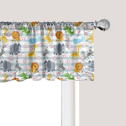Ambesonne Savannah Window Valance Pack of 2, Friendly Zoo Animals with Happy Faces Cartoon Characters on Stripes Print, Rod Pocket Curtain Valances for Kitchen Bedroom, 42" X 18", Pale Azure Blue