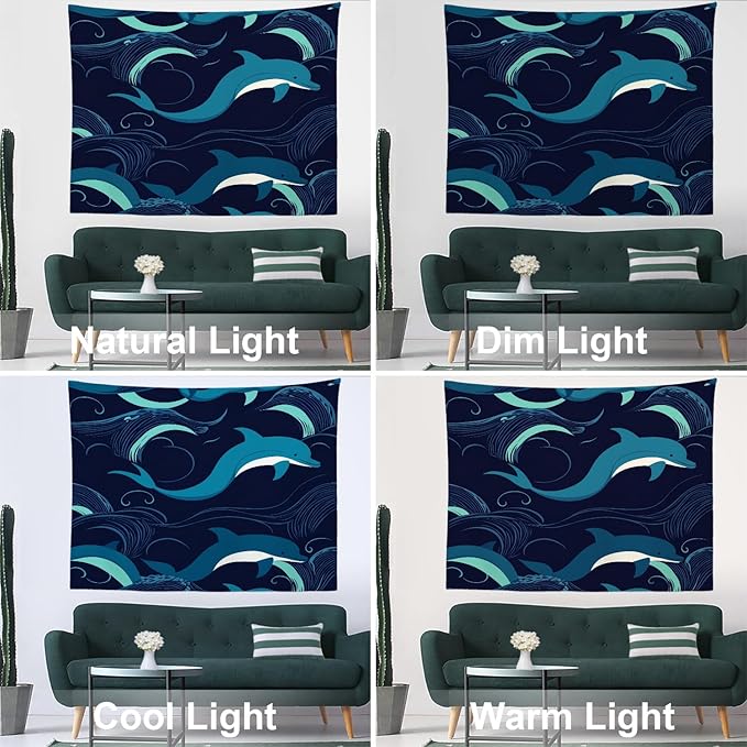 Batmerry Ocean Sea Waves Tapestry, Dolphin Nautical Wall Art Hanging Decoration Polyester Fiber White Ruffled Around for Dorm Room Bedroom Living Room, 51.2x59.1 inches