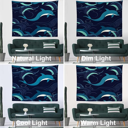 Batmerry Ocean Sea Waves Tapestry, Dolphin Nautical Wall Art Hanging Decoration Polyester Fiber White Ruffled Around for Dorm Room Bedroom Living Room, 51.2x59.1 inches