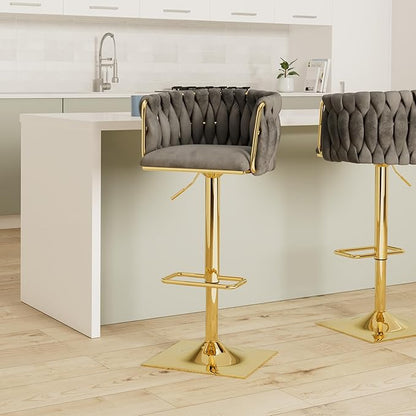 NIOIIKIT Bar Stool Set of 2, Velvet Upholstered Swivel Barstool, Counter Height Chair with Hand Woven Backrest, Dining Barstool with Footrest, Bar Chair for Kitchen Island, Pub (Grey)