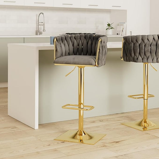 NIOIIKIT Bar Stool Set of 2, Velvet Upholstered Swivel Barstool, Counter Height Chair with Hand Woven Backrest, Dining Barstool with Footrest, Bar Chair for Kitchen Island, Pub (Grey)