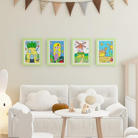 KINLINK A4 Kids Art Frames Set of 2, Solid Wood Kids Artwork Frames Changeable with Acrylic Front Opening Holds 150 Pictures, Art Frame for Kids Artwork with Mat or without Mat, Light Green