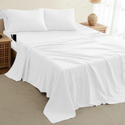 DREAMCARE Queen Sheet Set – 4 pcs Cooling Sheets – up to 21” Extra Deep Pocket Queen Sheets – Hotel Luxury Sheets & Pillowcases – Superior Softness 100% Fine Microfiber with Side Pocket – White