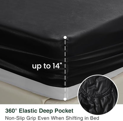 Love's cabin Full Size Satin Sheet Sets - 4 Piece Black Silky Sheet Set with Deep Pocket, Luxury Silk Feel Bed Sheets Full Bedding Set (1 Flat Sheet,1 Fitted Sheet,2 Pillow Cases)