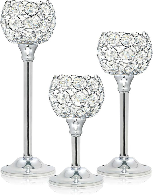 Crystal Metal Tealight Candlestick, Bling Bowl Candelabras, Tall Crystal Votive Candle Holders Elegant Crystal Candle Centerpiece for Dining Table Wedding Decor (Set of 3, Silver)