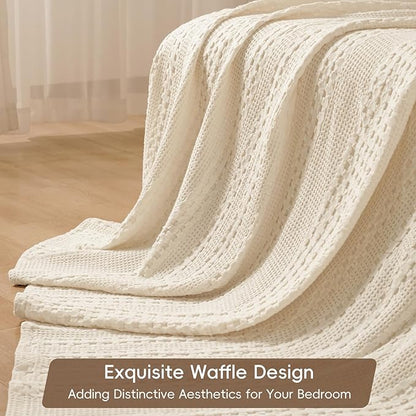 PHF 100% Cotton Waffle Weave Blanket King Size for Bed, Soft Lightweight & Breathable, All-Season Comfort, Luxury Aesthetic Woven Bedding for Home Decor, 108"x90", Natural