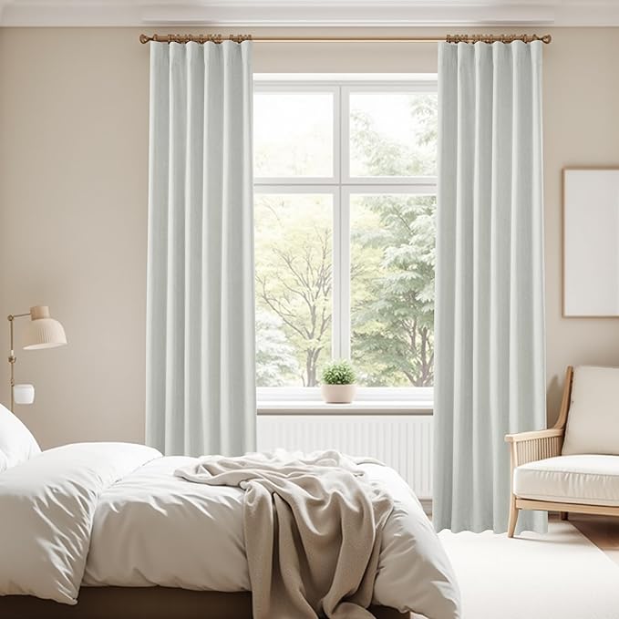 KangBang Greyish White Linen Blackout Curtains 120 Inch Length 10 FT, Back Tab Track System Energy Saving Curtains for Living Room High Windows, Thermal Insulated & Noise Reducing,52x120 Inch,2 PCs