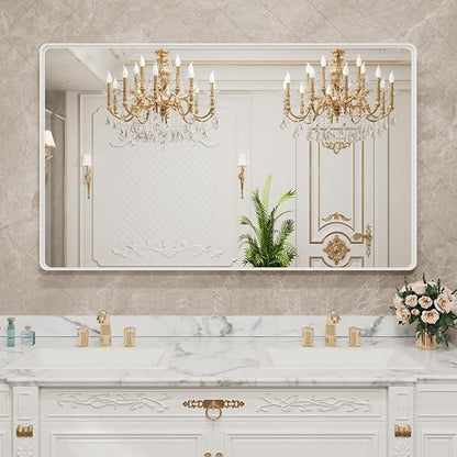 LOAAO 55x36 Inch White Metal Framed Bathroom Mirror for Wall, White Bathroom Vanity Mirror Farmhouse, Large Rounded Rectangle Mirror, Anti-Rust, Tempered Glass, Hangs Horizontally or Vertically
