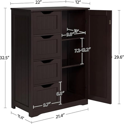 Yaheetech Wooden Bathroom Floor Cabinet, Side Storage Organizer Cabinet with 4 Drawers and 1 Cupboard, Freestanding Entryway Storage Unit Console Table, Home Decor Furniture, Brown